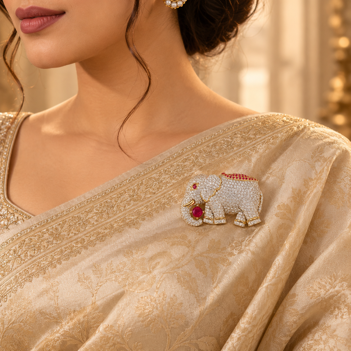 925 Sterling Silver Moissanite & Quartz Elephant Brooch | Regal Red Stone Statement | Hallmarked