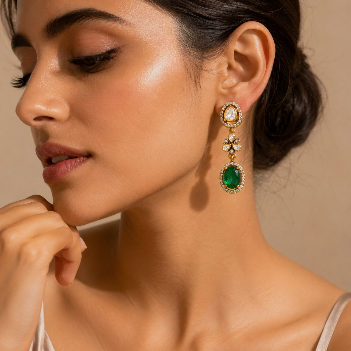 925 Sterling Silver Green Emerald & Polki Drop with Moissanite Gold Finish Statement Earrings
