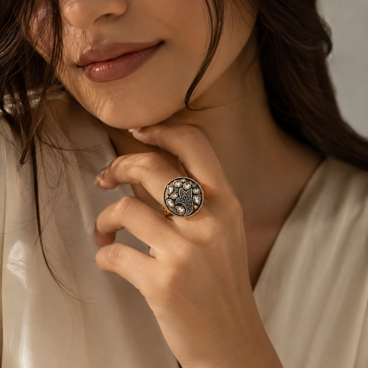 Floral 925 Sterling Silver Statement Ring with Pear-Cut White Stones & Turquoise | Hallmaked