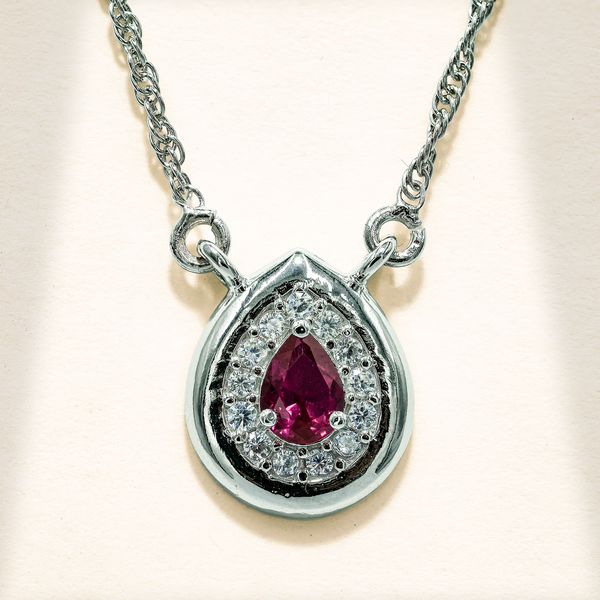 One-of One 92.5 Silver Teardrop Red Simulant Ruby Pendant Necklace