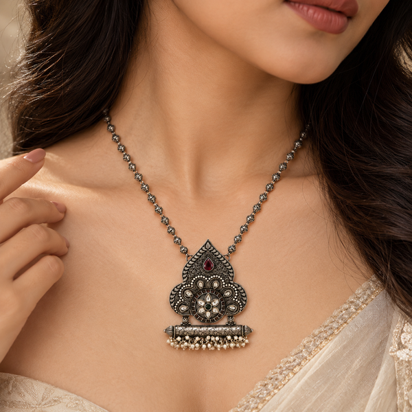 Floral 25 Sterling Silver Oxidized Paisley Pendant Necklace | Multicolour Stone & Pearl Fringe Indian Jewellery