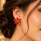 Red Floral Enamel Drop Earrings with Green Stone