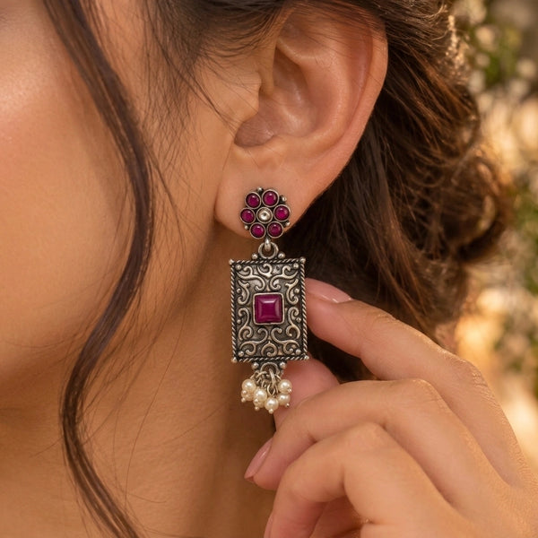 Ethnic Silver Oxidized Drop Statement Earrings with Pearl Dangles Hallmarked Jewellery