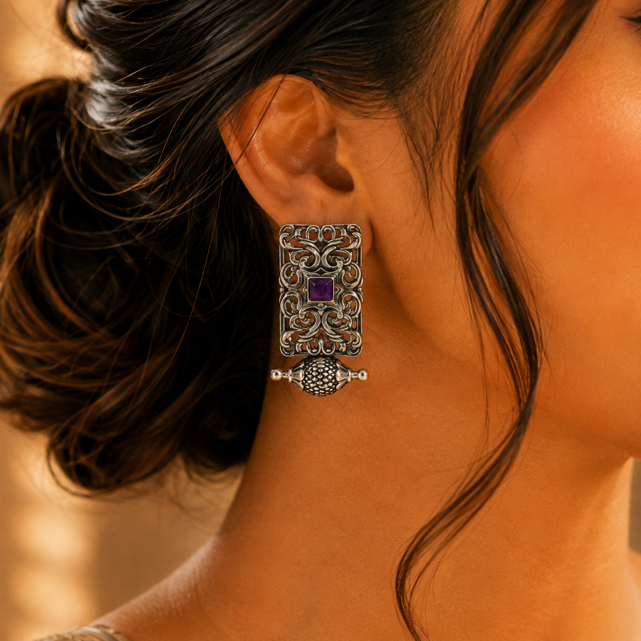 Vintage Filigree Silver Oxidized Statement Drop Earrings