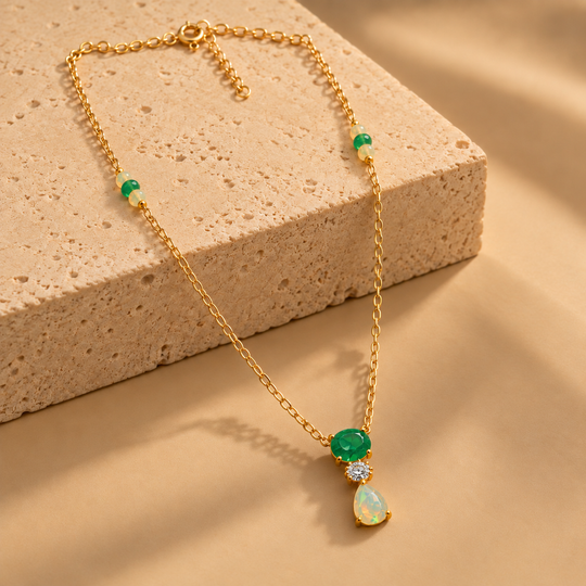 18 Inch 925 Sterling Silver Green & Opal Necklace