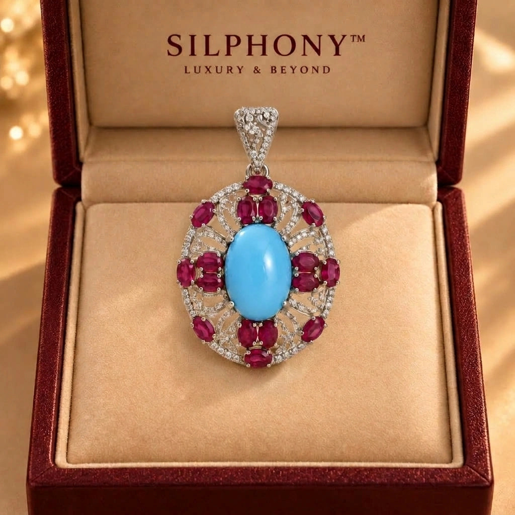 925 Silver Firoza Rubellite 0.55 ct Natural Diamond Pendant
