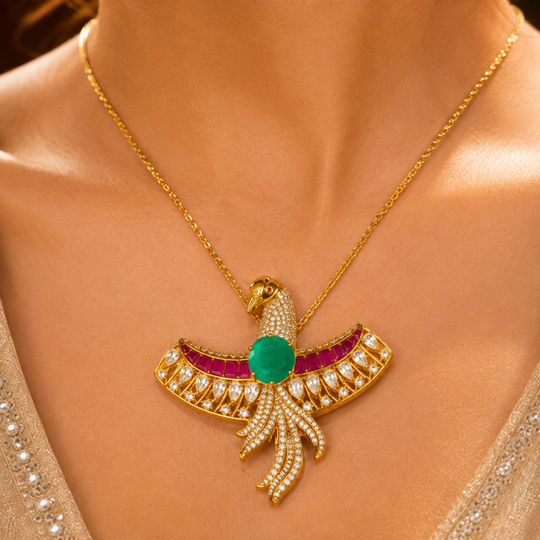 925 Sterling Silver Peacock Polki & Moissanite Traditional Statement Pendant