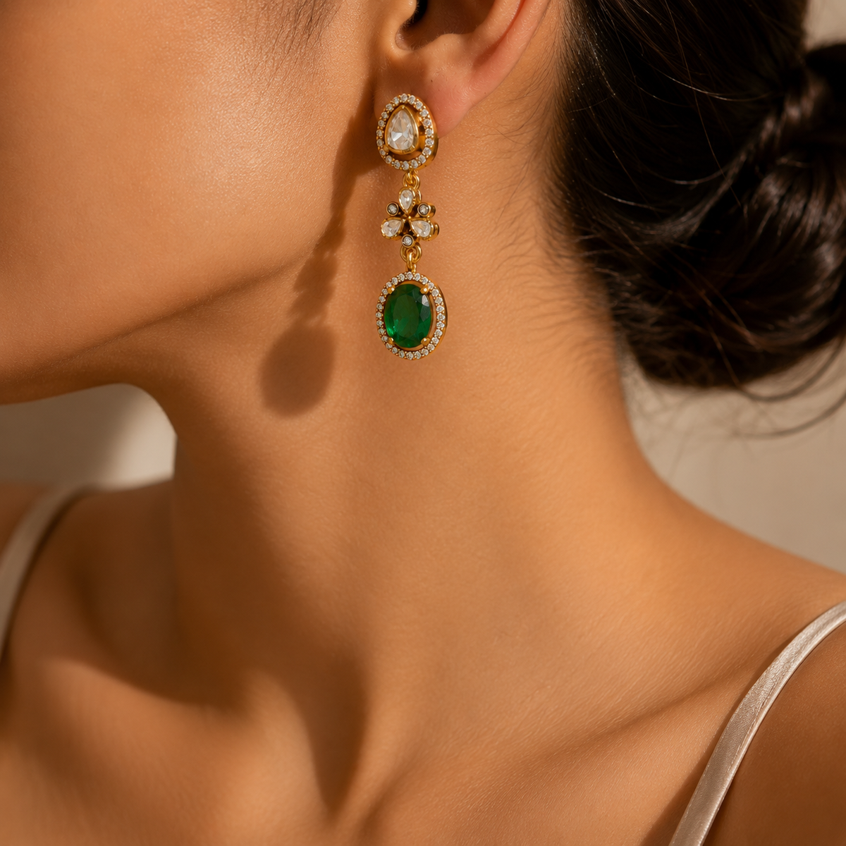 925 Sterling Silver Green Emerald & Polki Drop with Moissanite Gold Finish Statement Earrings