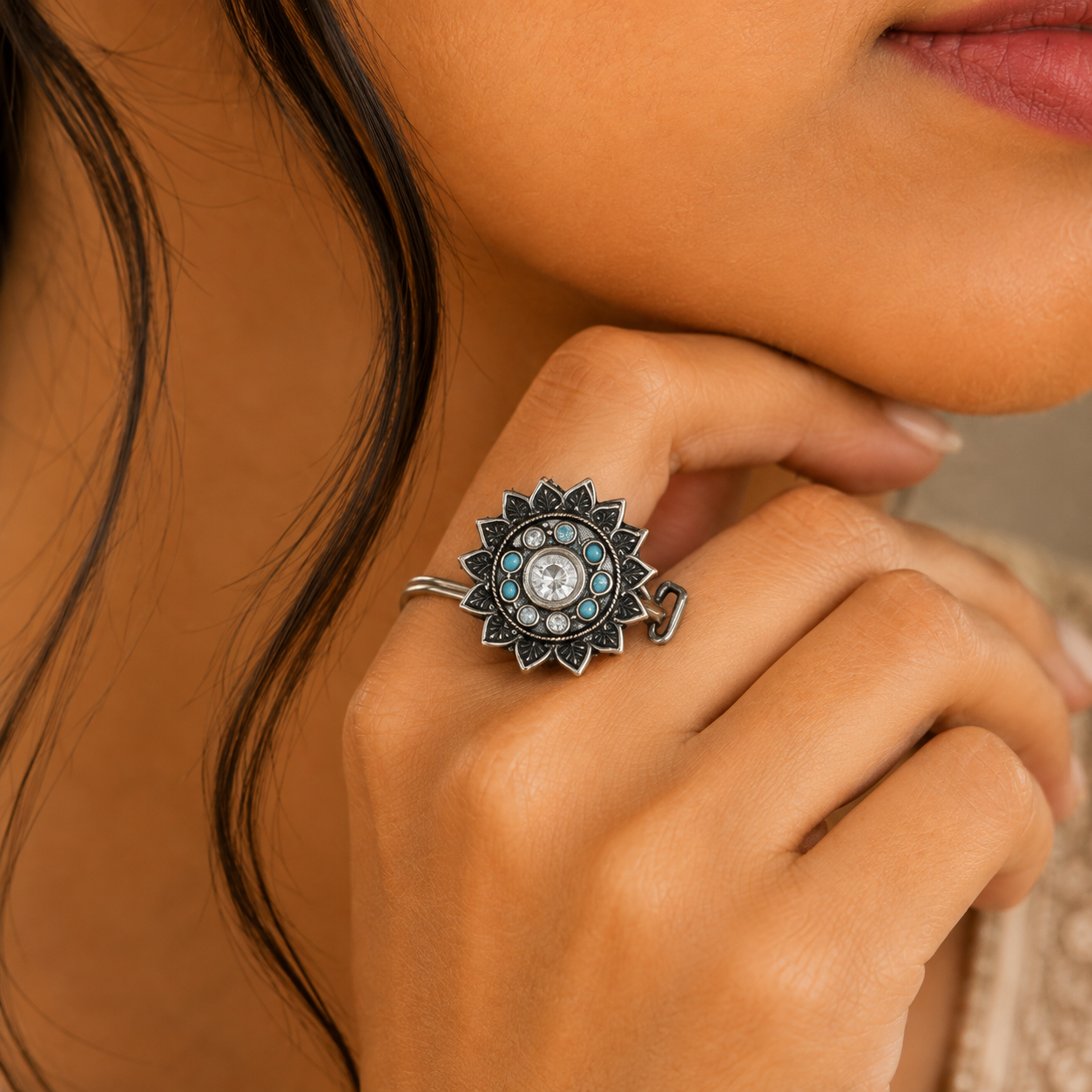 Floral Mandala Turquoise & Sparkling Stones Oxidized Vintage Cocktail Ring