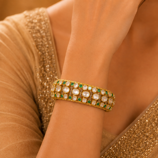 925 Sterling Silver Polki Moissanite Green Stone Designer Bangles