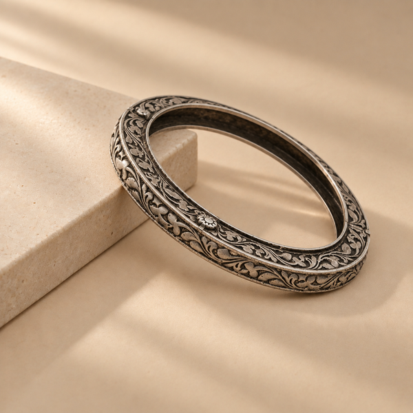 Floral Antique Oxidised 925 Silver Bangle Hallmarked Jewellery