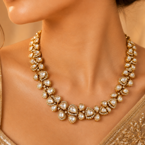 925 Sterling Silver Moissanite & Polki Gold Finish Statement Necklace
