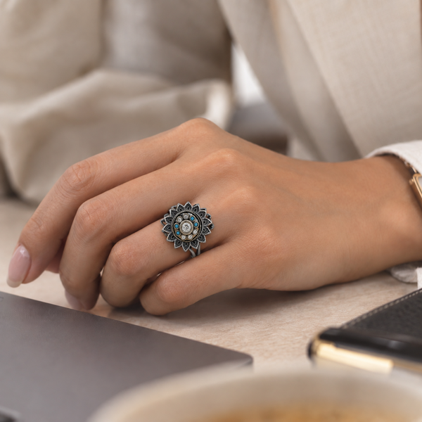 Floral Mandala Turquoise & Sparkling Stones Oxidized Vintage Cocktail Ring