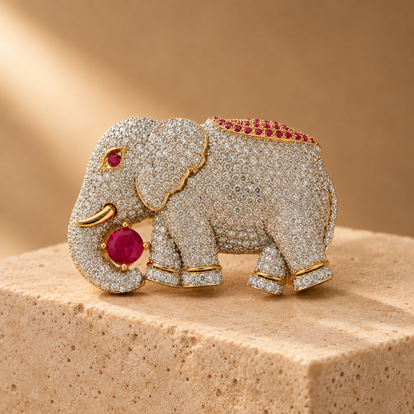 925 Sterling Silver Moissanite & Quartz Elephant Brooch | Regal Red Stone Statement | Hallmarked