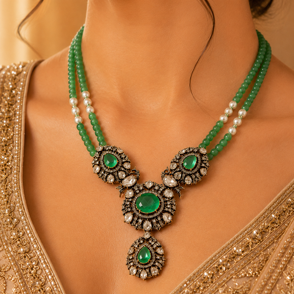 925 Sterling Silver Green Beaded Polki & Moissanite Designer Statement Necklace