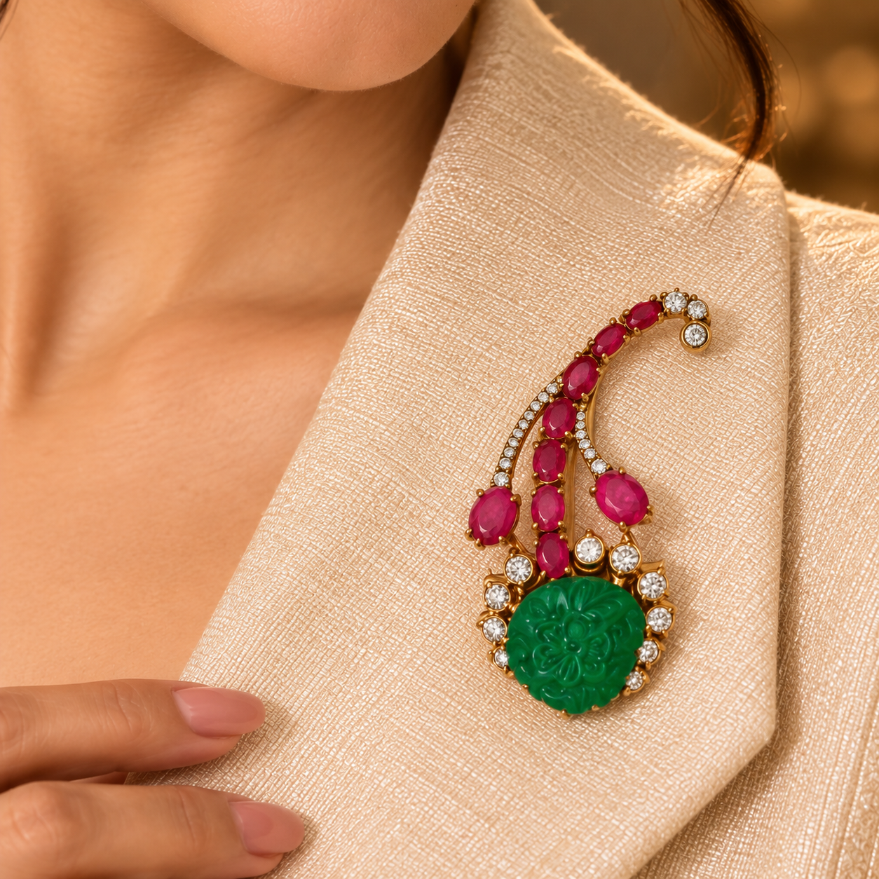 Floral 925 Sterling Silver Polki & Quartz Brooch |Green Carved Stone Statement | Hallmarked Jewellery