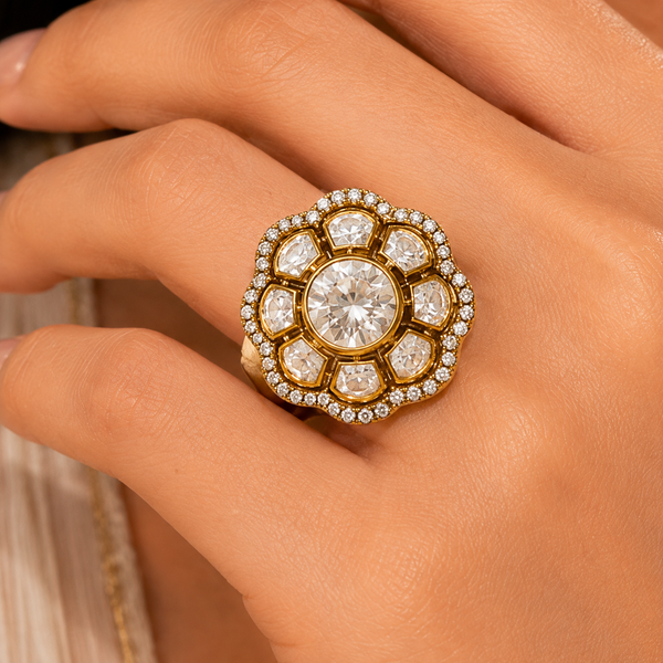 925 Sterling Silver Round Centre Stone & Polki Floral Ring