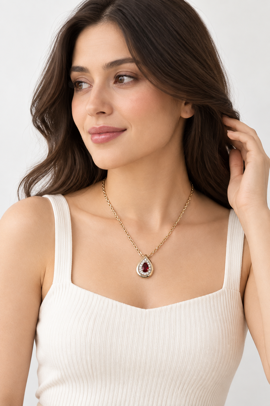 16 Inch 925 Sterling Silver Garnet-Red Quartz & Moissanite Chain Pendant
