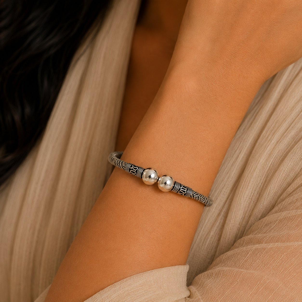 925 Sterling Silver Oxidized Bangle | Twisted Rope Design with Silver Bead | Hallmarked