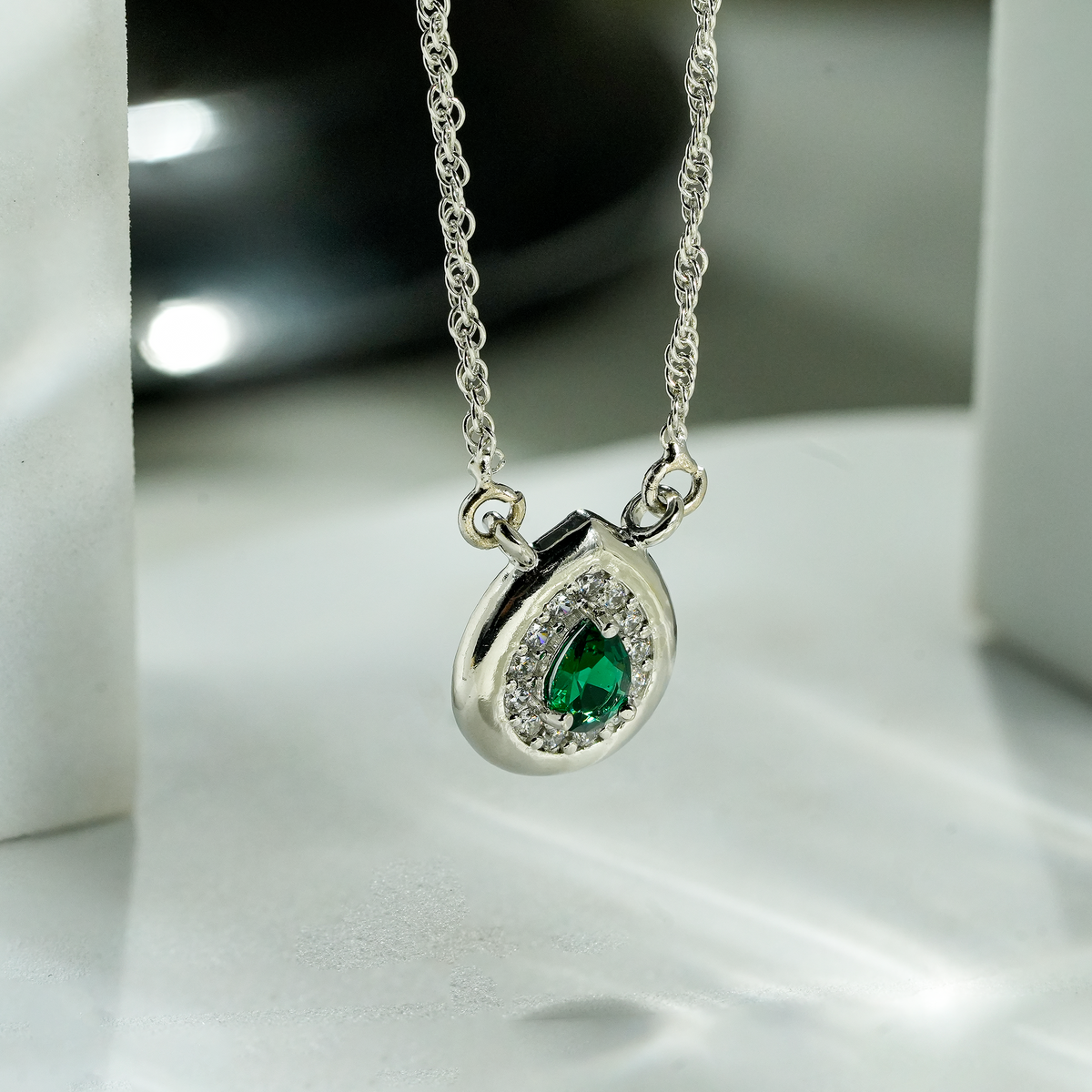 One-of One 92.5 Silver Green Simulant Emerald Pendant Necklace