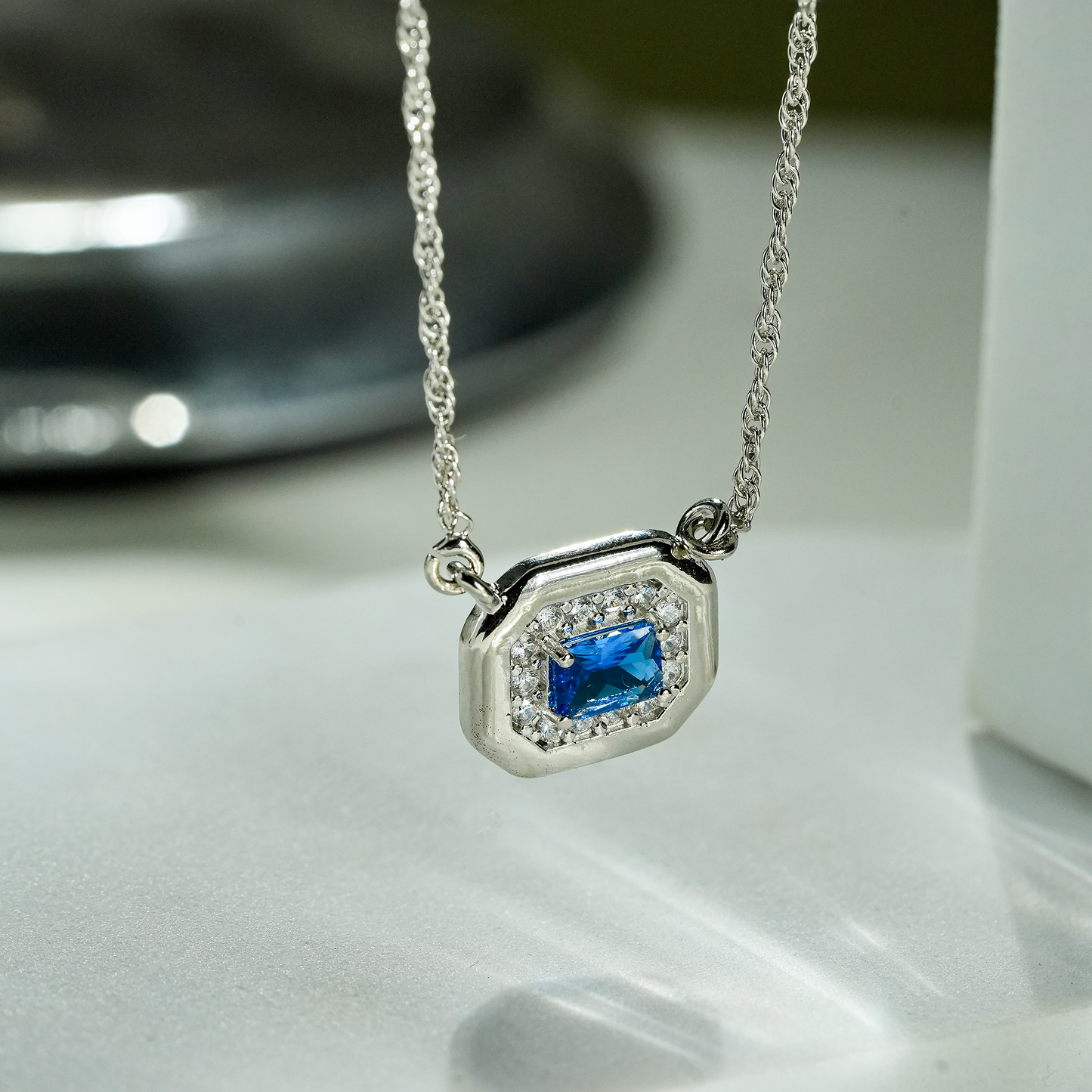 One-of-One 92.5 Silver Blue Simulant Sapphire Octagonal Pendant