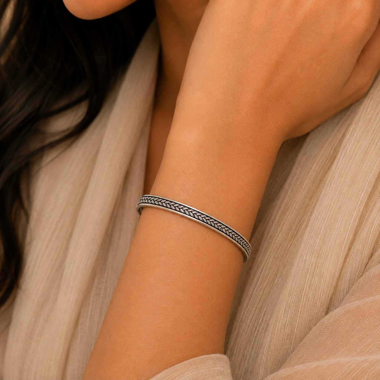 925 Sterling Silver Braided Bangle | Intricate Woven Pattern Hallmarked Silver Bracelet
