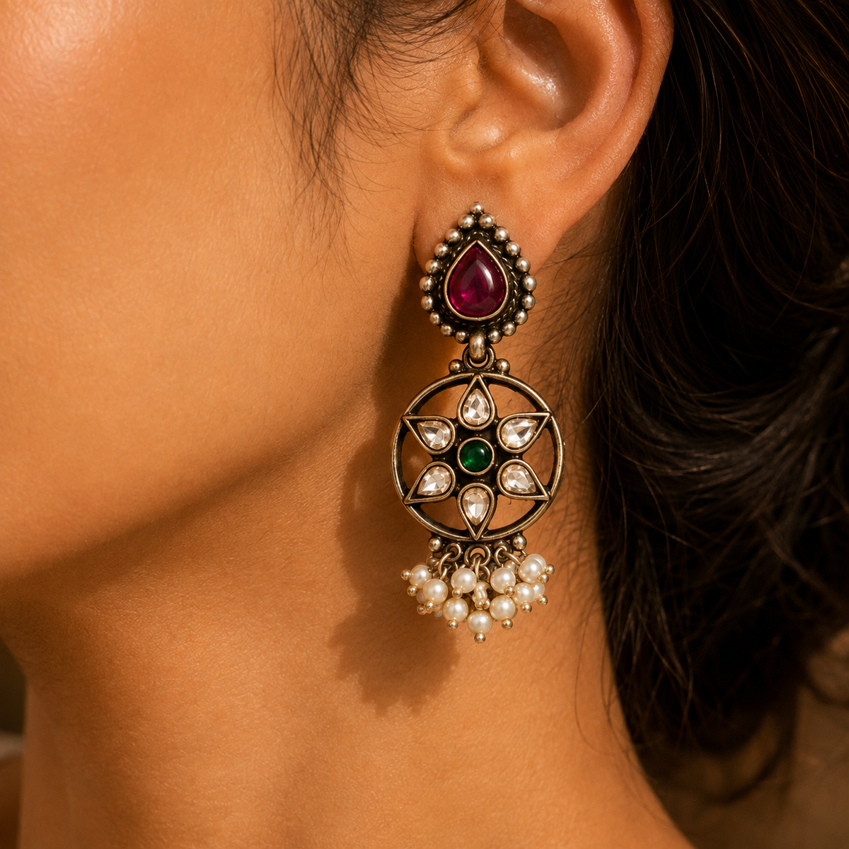 925 Sterling Silver Multicolor Drop Earrings with Red Pear & Green Round Stones, Polki Inspired Statement Jewelry