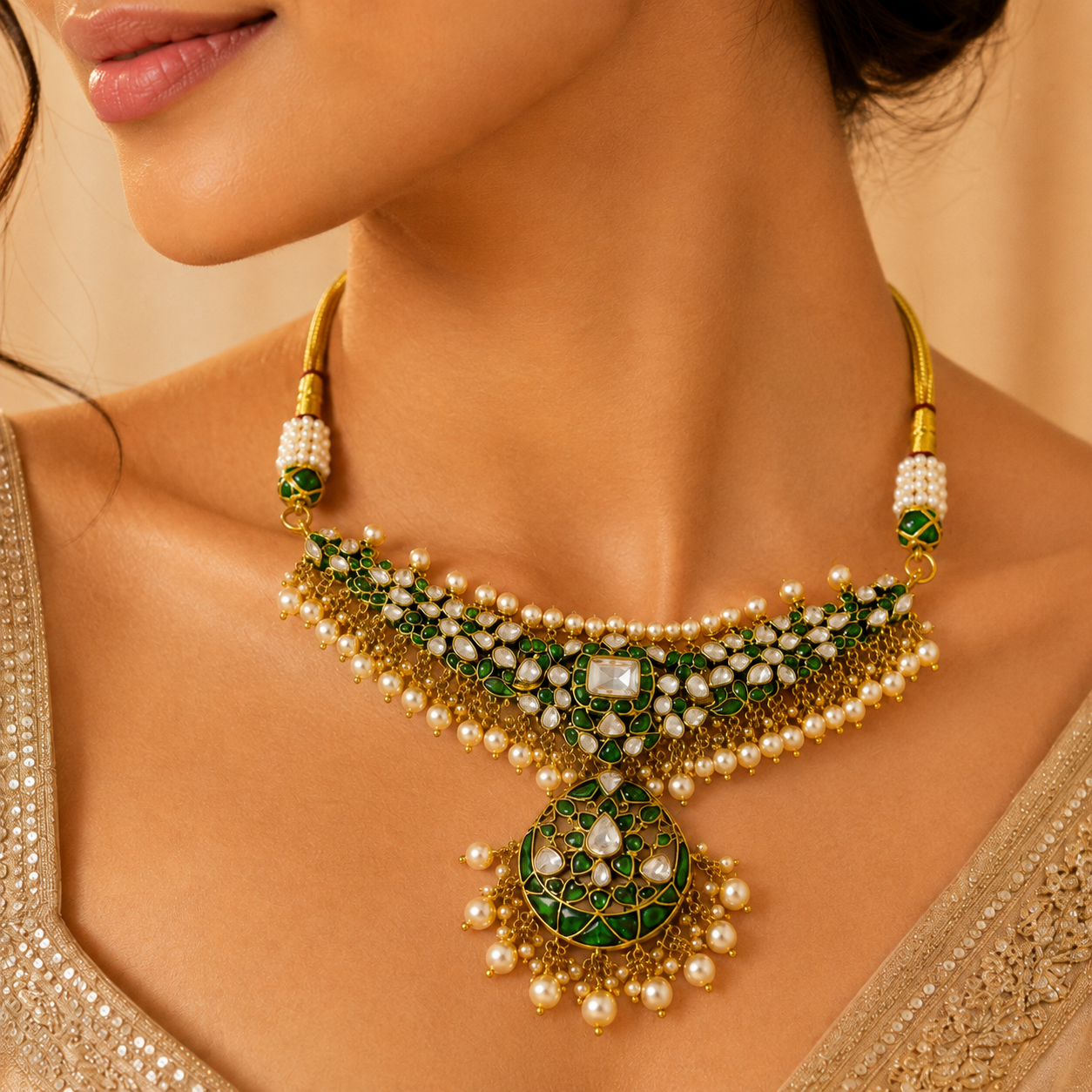 925 Sterling Silver Green Polki & Moissanite Designer Statement Bridal Necklace