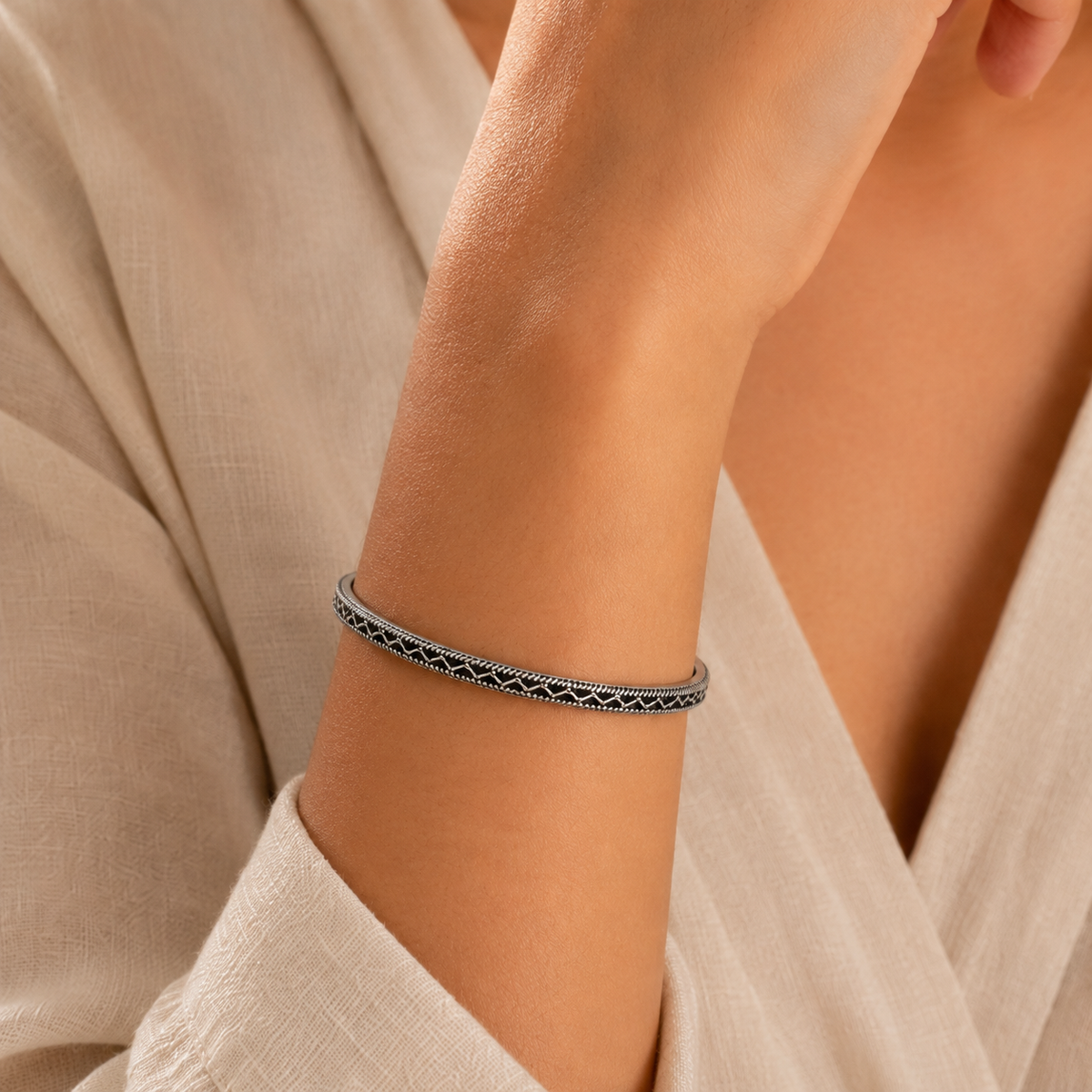 925 Sterling Oxidized Wave Rope Kada Bangle For Women
