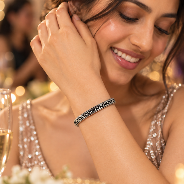 925 Sterling Oxidized Wave Rope Kada Bangle For Women
