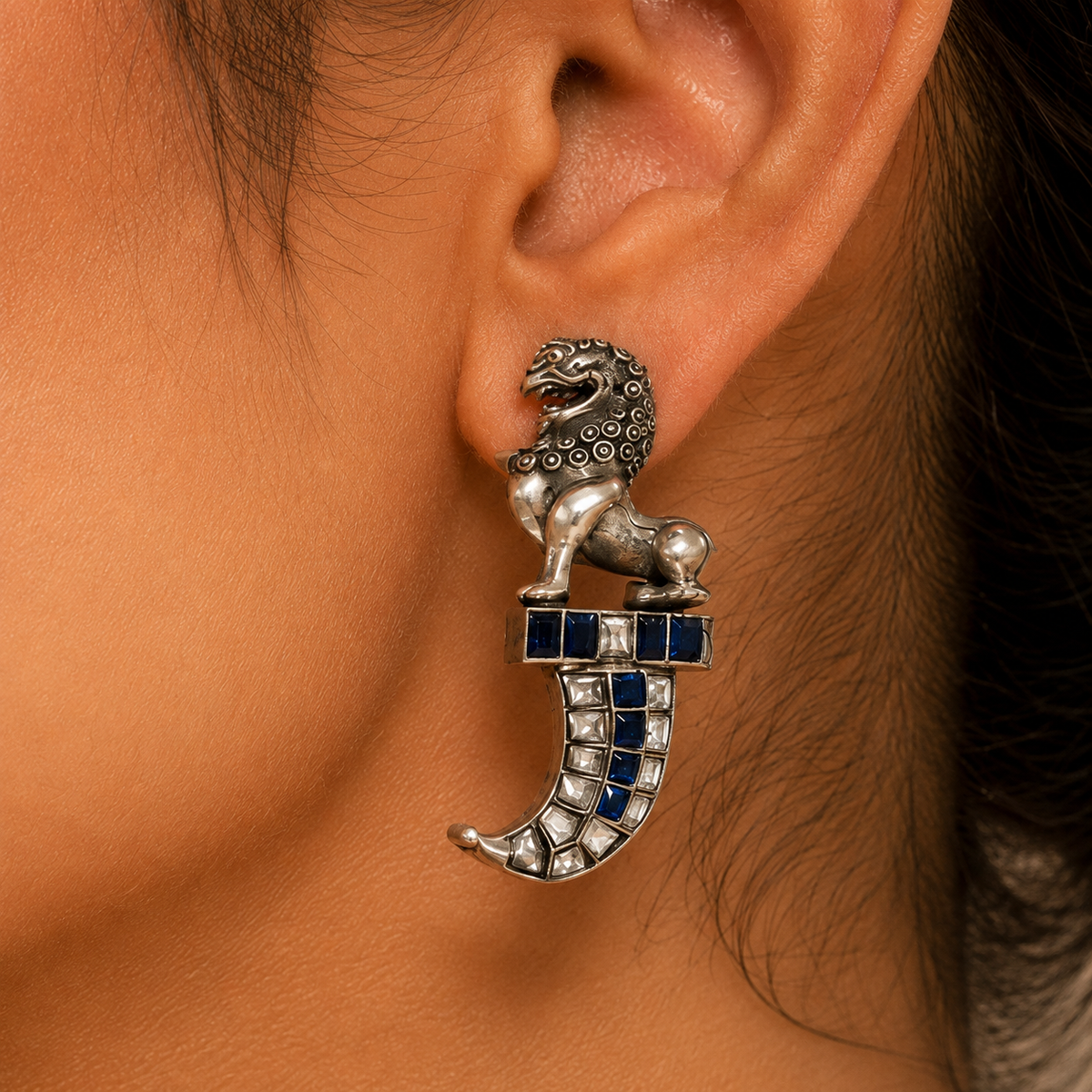 925 Sterling Silver Lion Hoop Earrings with Blue & White Moissanite and Polki | Statement Ethnic Jewelry