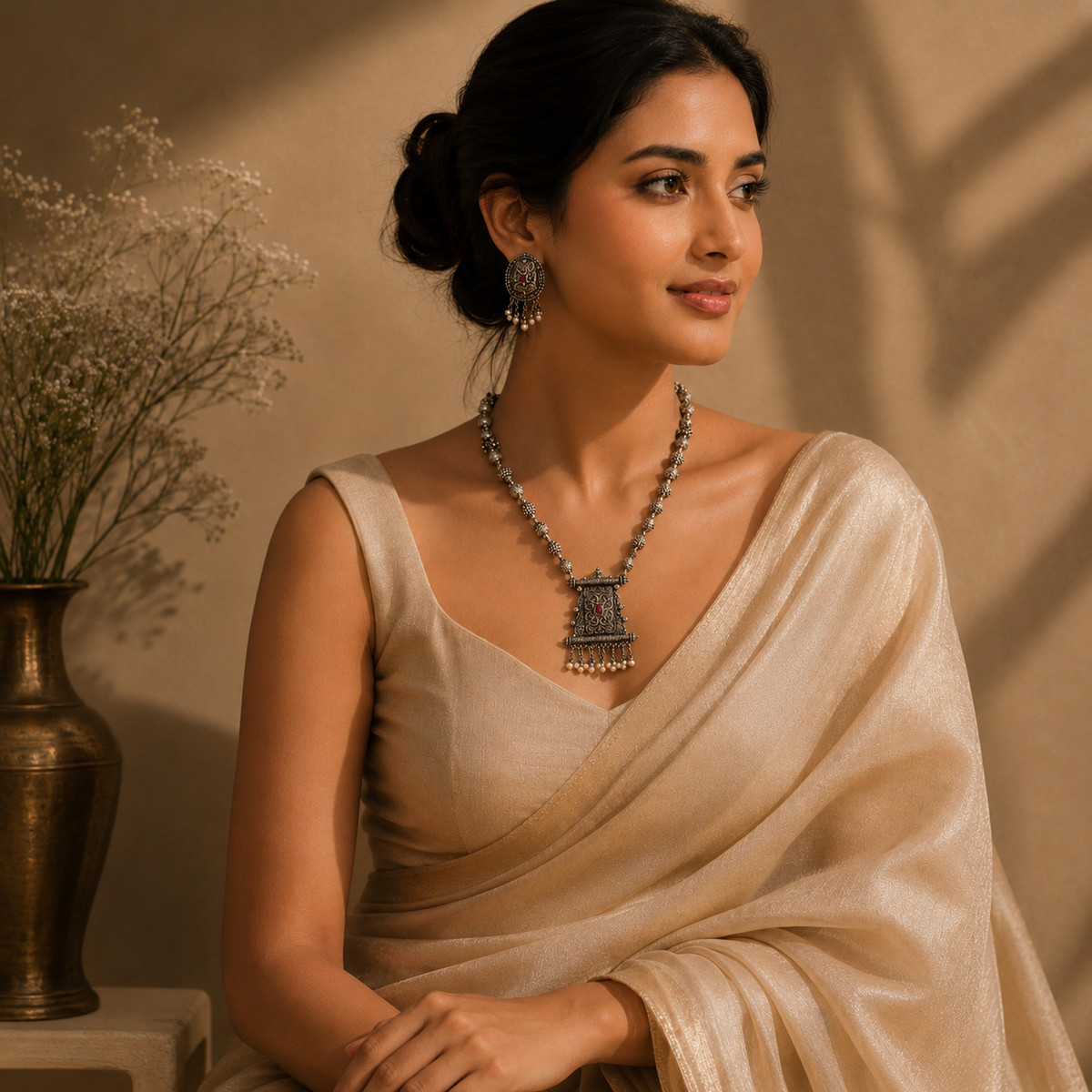 925 Sterling Silver Oxidized Statement Pendant with Red Square Stone & Pearl Dangles | Traditional Indian Jewelry