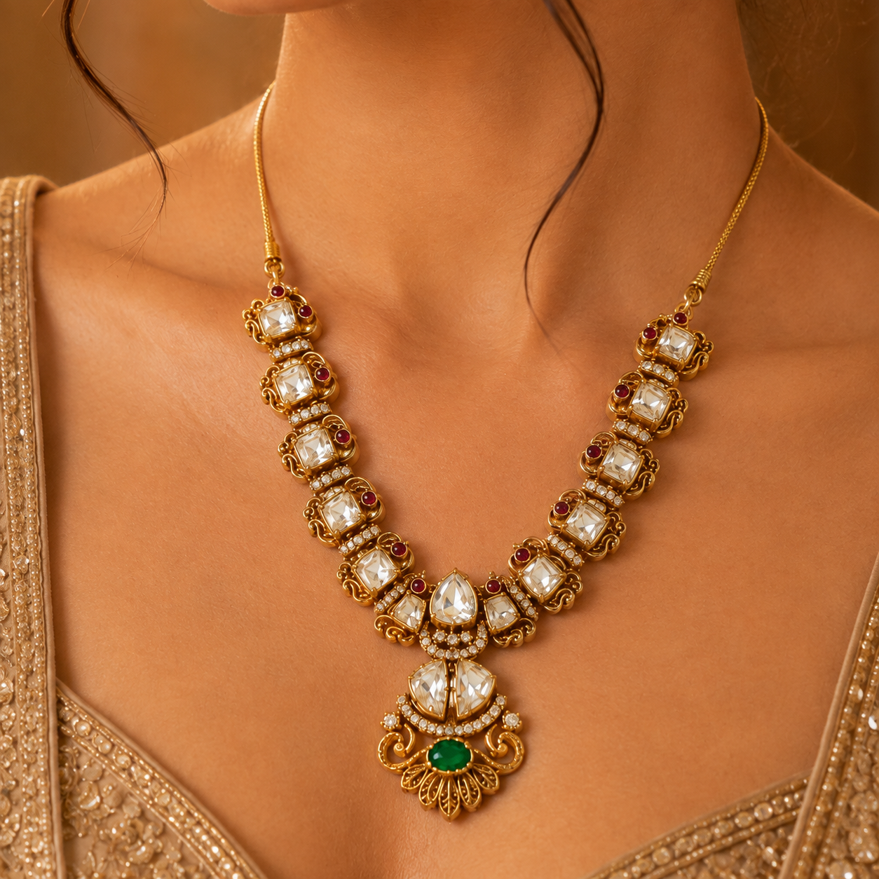 925 Sterling Silver Polki & Moissanite Traditional Designer Necklace