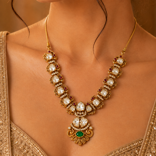 925 Sterling Silver Polki & Moissanite Traditional Designer Necklace