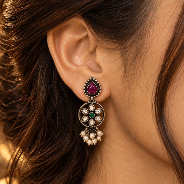 925 Sterling Silver Multicolor Drop Earrings with Red Pear & Green Round Stones, Polki Inspired Statement Jewelry