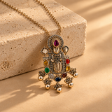 Regal Indian Temple Inspired Deity Motifs Multicolor Gemstones Statement Pendant