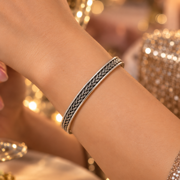 925 Sterling Silver Braided Bangle | Intricate Woven Pattern Hallmarked Silver Bracelet