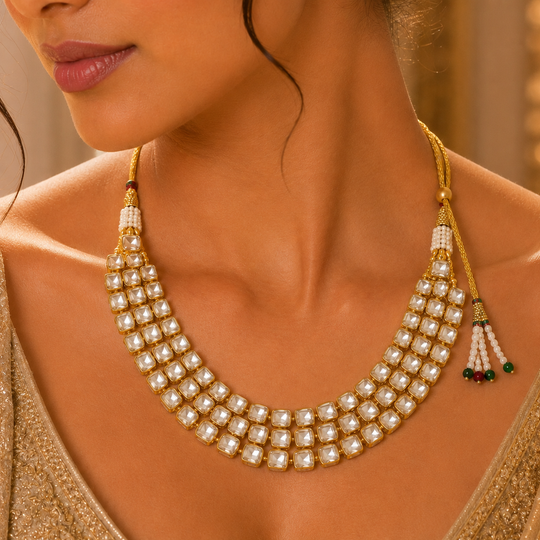 925 Sterling Silver Polki with Moissanite & Pearl Traditional Statement Necklace
