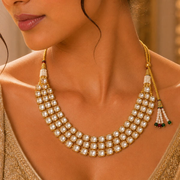 925 Sterling Silver Polki with Moissanite & Pearl Traditional Statement Necklace