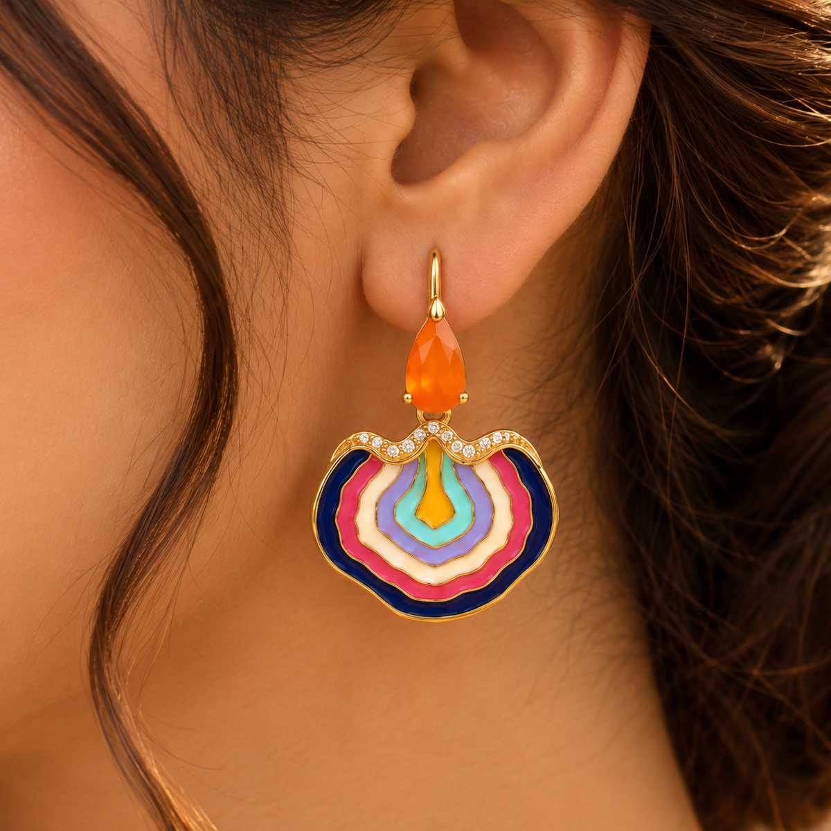 Multicolor Enamel Drop Earrings with Orange Quartz