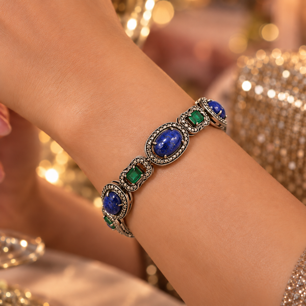 2.88 ct Natural Diamond & 925 Silver With Blue Sapphire & Emerald Bracelet