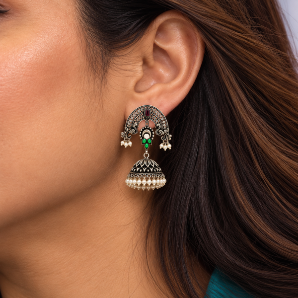 925 Sterling Silver Temple Jhumka Earrings With Enamel, Red Stone & Pearls
