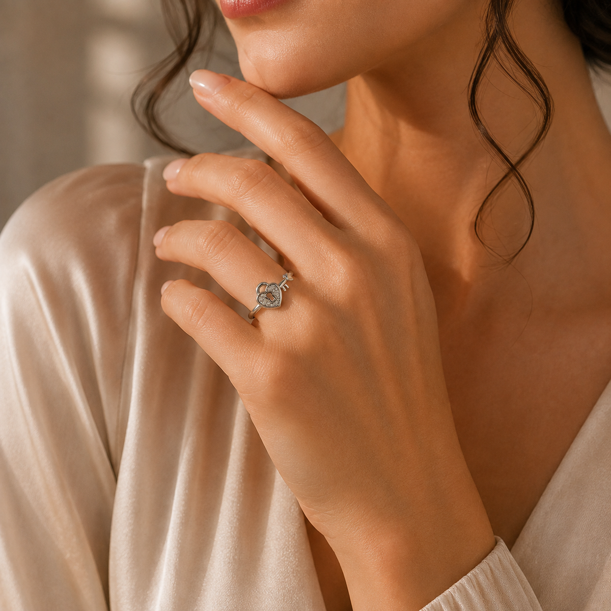 Heart Lock 925 Sterling Silver with Moissanite Statement Ring