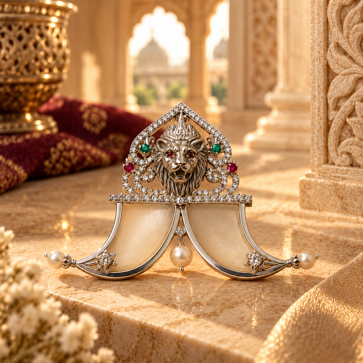 Lion 925 Sterling Silver with Pearl & Quartz Regal Statement Pendant | Hallmarked Jewellery