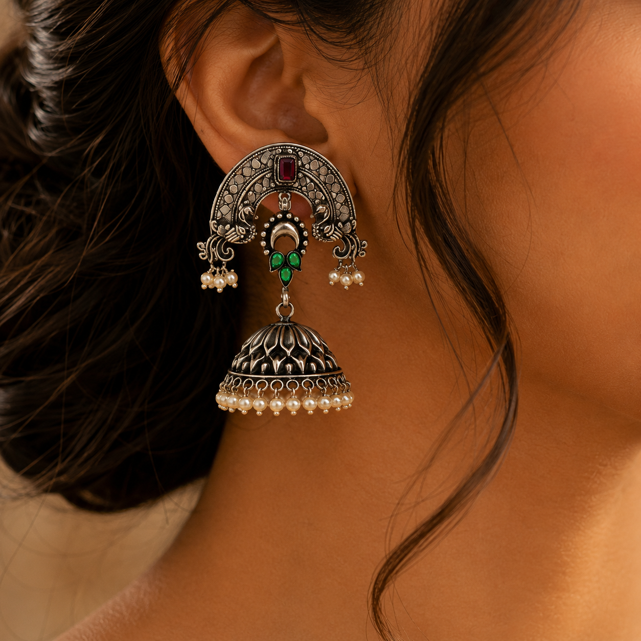 925 Sterling Silver Temple Jhumka Earrings With Enamel, Red Stone & Pearls