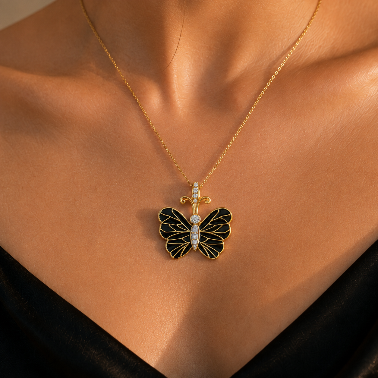0.15 Ct Natural Diamond Black Butterfly Statement Pendant for Women