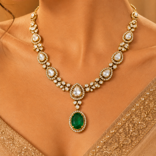 925 Sterling Silver Polki & Moissanite Elegant Teardrop Statement Necklace
