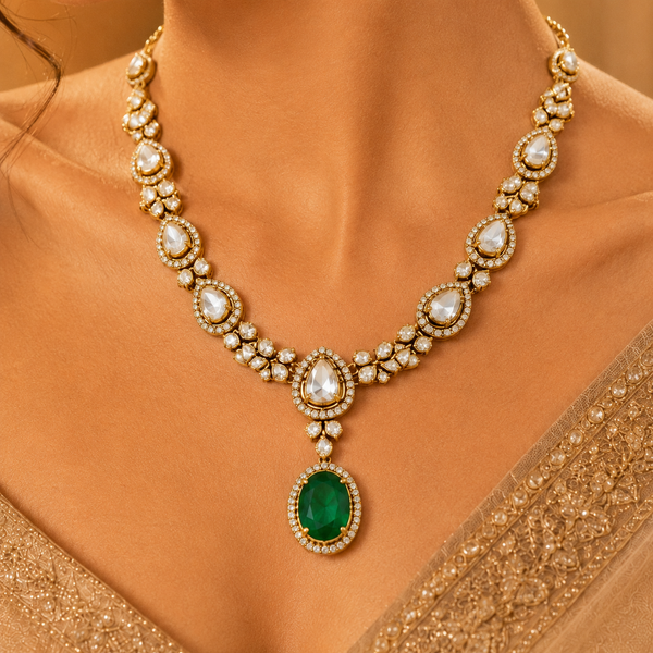 925 Sterling Silver Polki & Moissanite Elegant Teardrop Statement Necklace