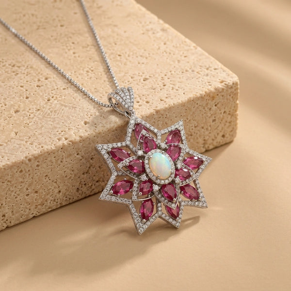 1.54 Ct Natural Diamonds with 925 Sterling Silver and Tourmaline & Opal Floral Pendant