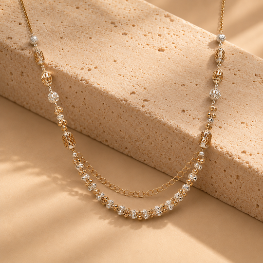 925 Sterling Silver Layered Intricate Beaded Two-Tone Necklace